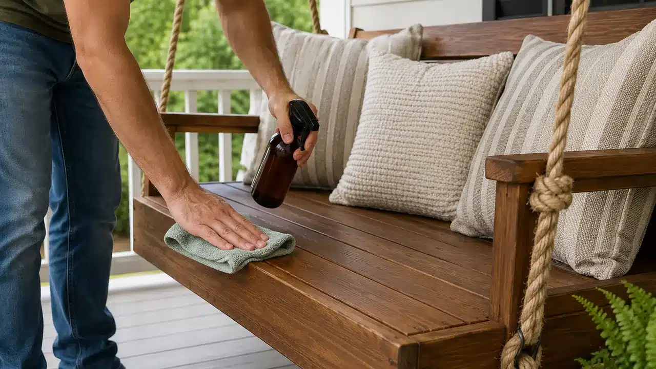 A man cleaning a porch swing bed